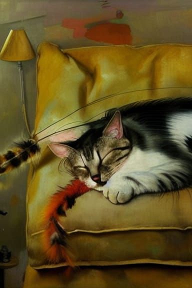Hyperrealistic Cat Napping on Pillow, Detailed Painting