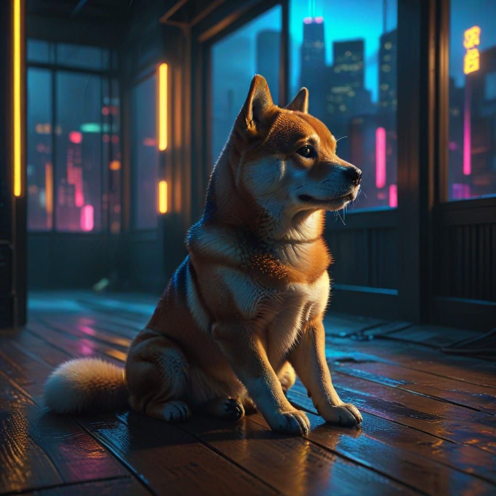 Shiba Inu in Neon Noir Cyberpunk Style
