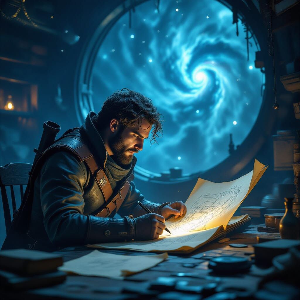 Cartographer Charts Nebula in Atmospheric Sci-Fi Style