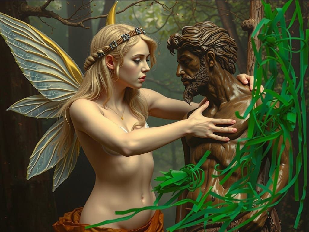 Wooden Fairy Woman and Man's Head Statue Cinematic Still