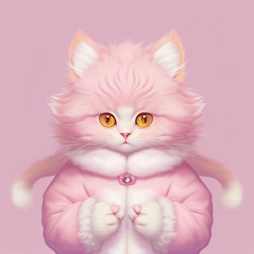 Fluffy Cat in Pink Fur Trim Coat, Digital Illustration