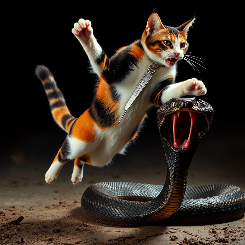 Fierce Calico Cat Leaps from Deadly Cobra
