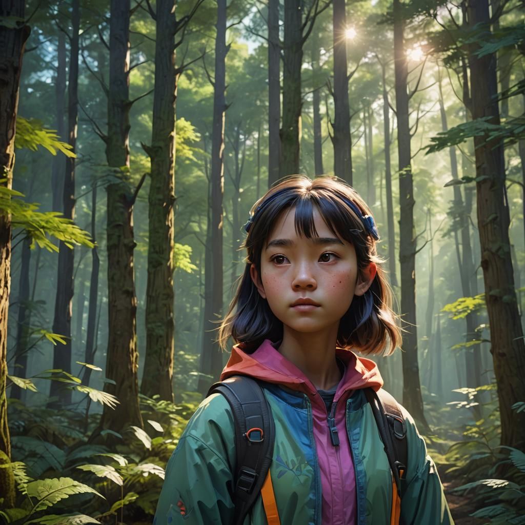 Girl in Mori Kei Clothing in Forest, 3D Art