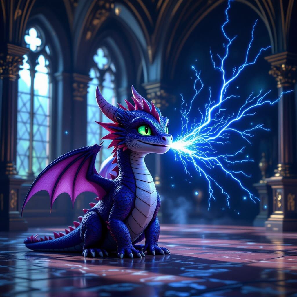 Baby Dark Purple Dragon Sneezes Lightning in Gothic Mansion