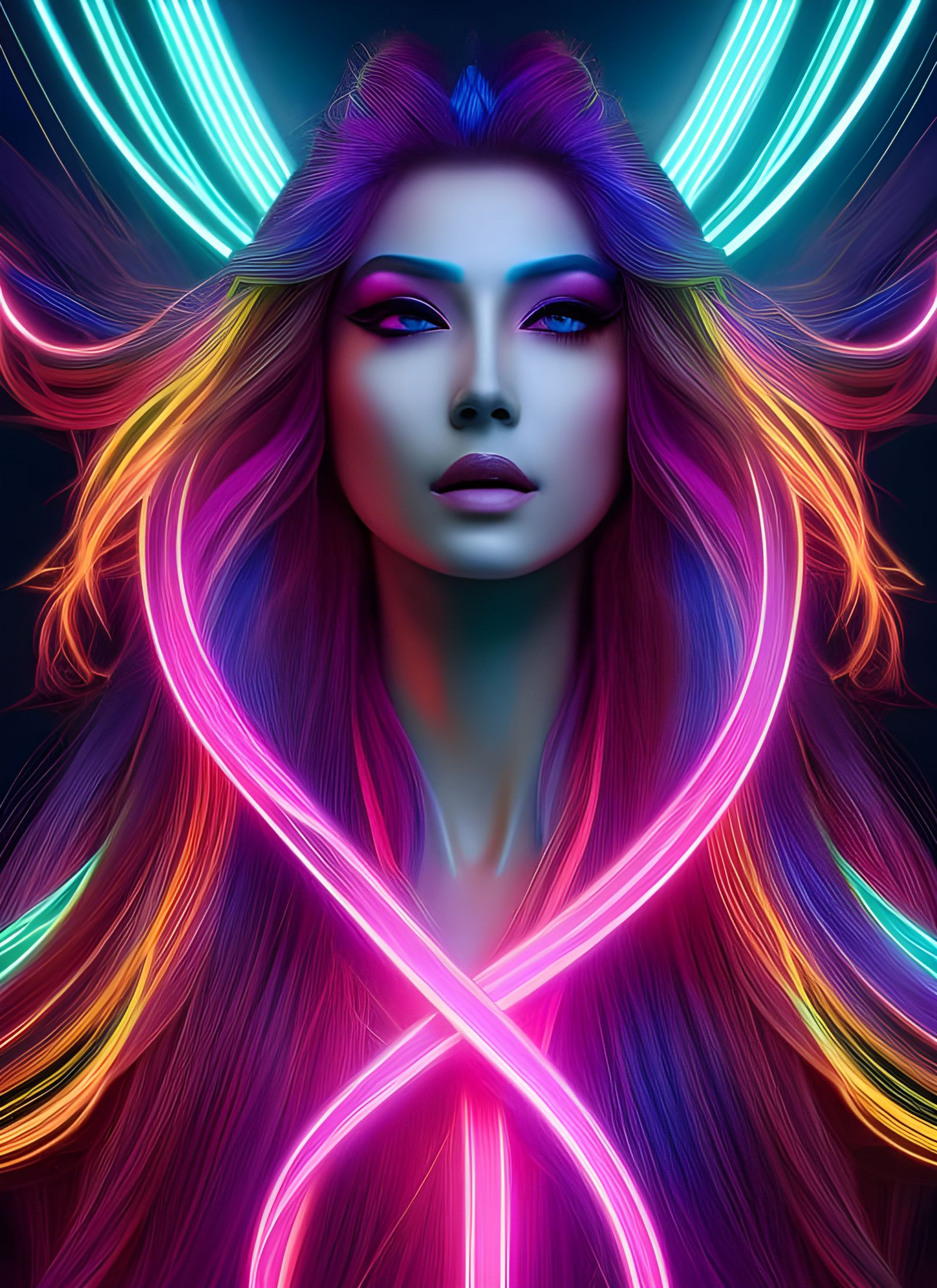 Neon Cyberpunk Goddess with Flowing Hair