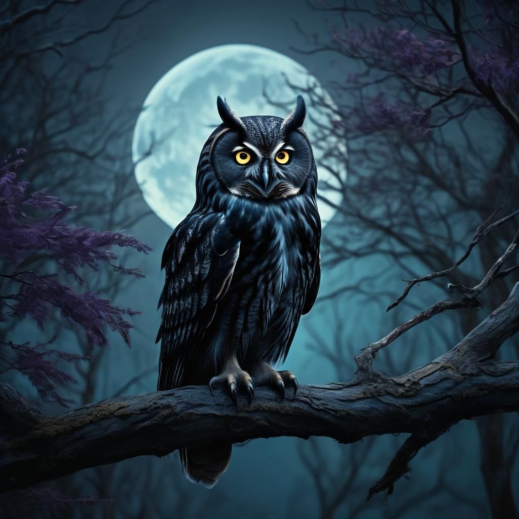 Moody Dark Fantasy Black Owl in Full Moon Night Glow