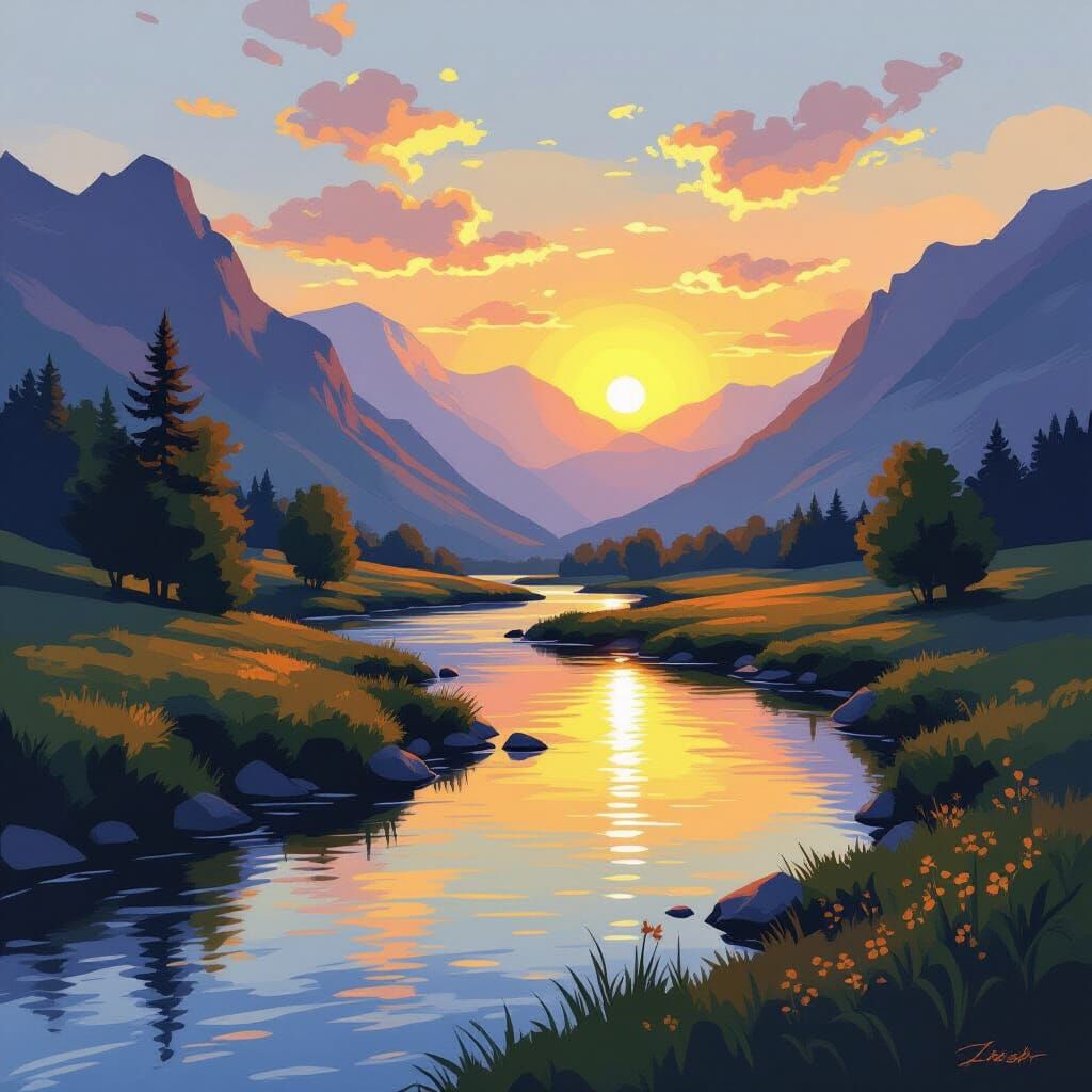 Mountain River at Sunrise in Impressionist Style