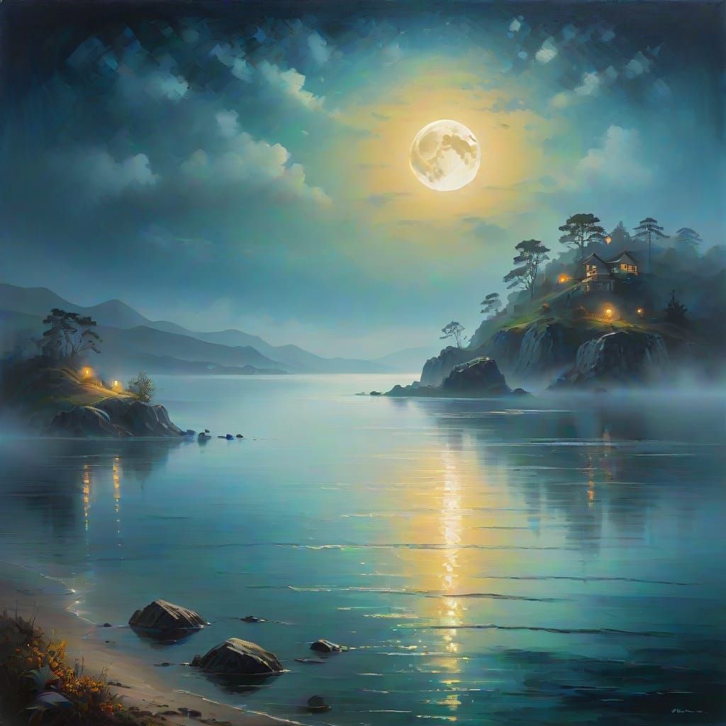 Dreamy Moonlit Seascape in Vibrant Oil Painting Style