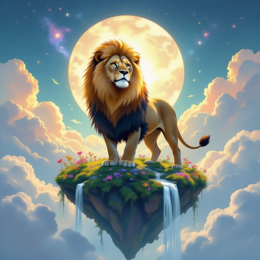 Lion with Bioluminescent Mane on Floating Island