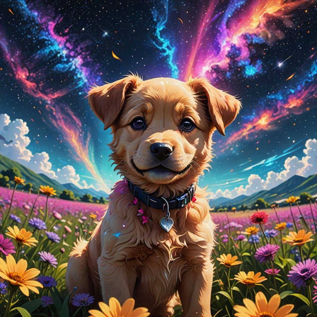 Anime Puppy Portrait in Neon Flower Field