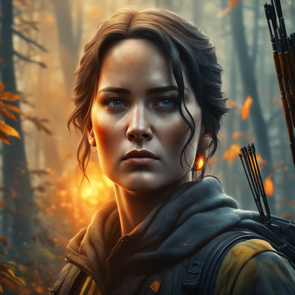 Katniss Everdeen: Hyper-Realistic Portrait in Misty Forest
