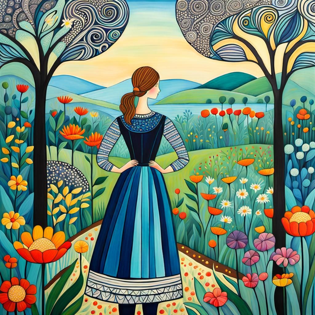 Woman in Garden, Zentangle Art Style