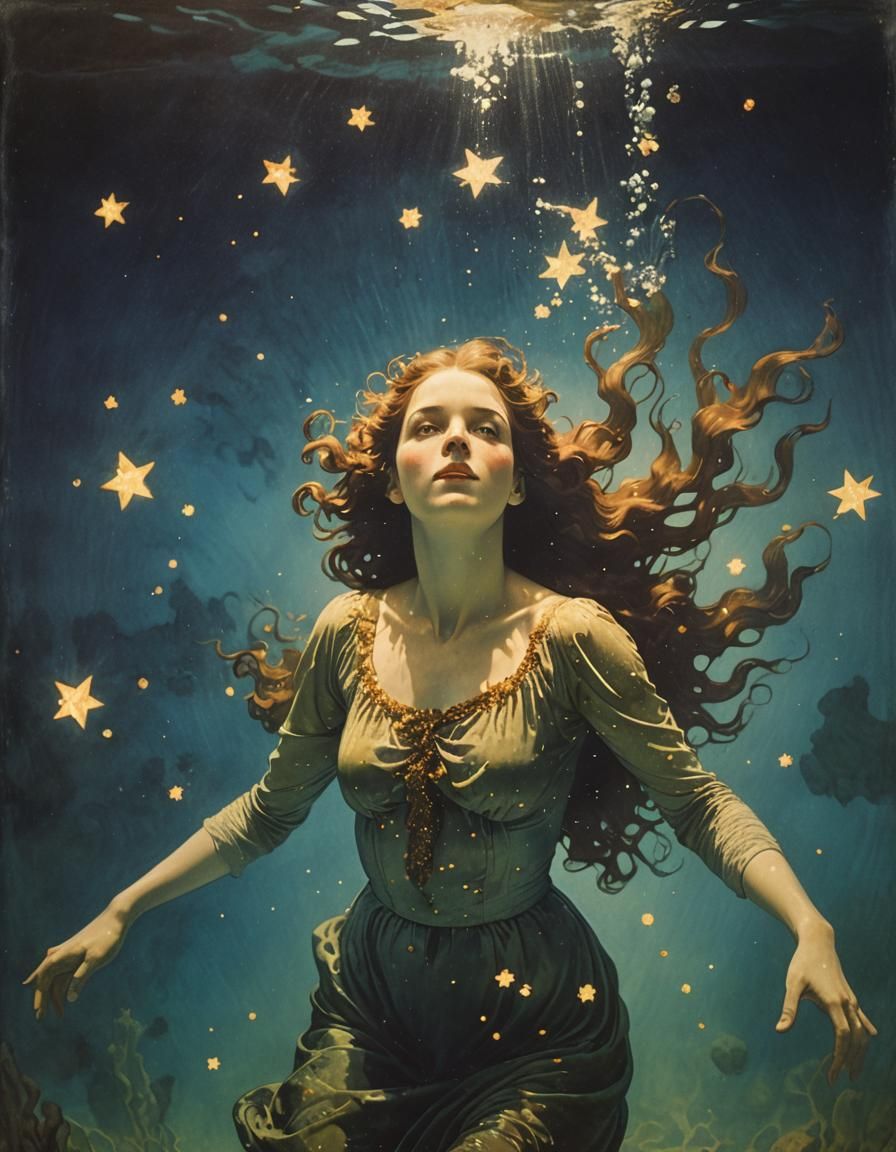 Woman Drowning Underwater: Maxfield Parrish Portrait