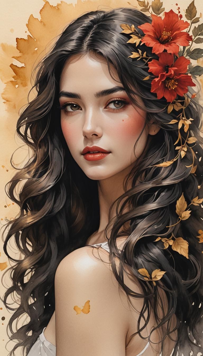 Beautiful Woman in Desert Landscape, Klimt and Monet Style