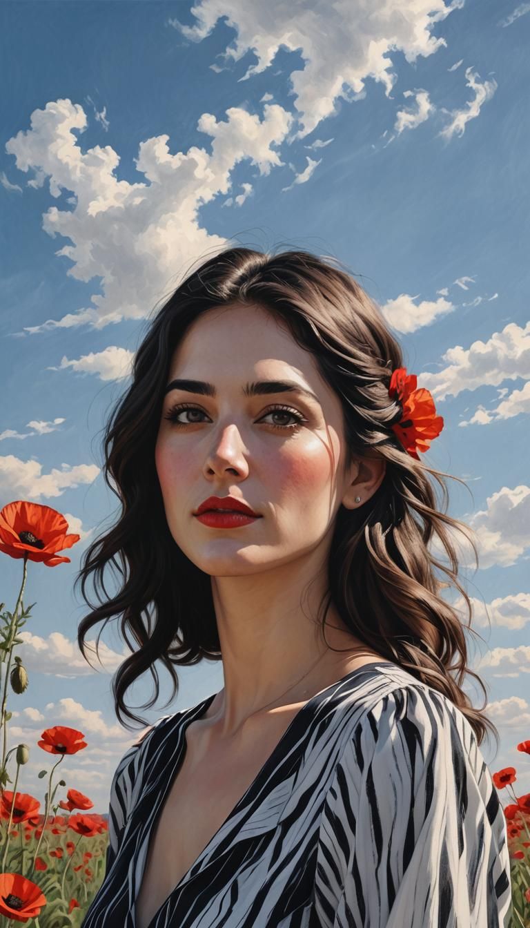 Woman in Desert Landscape with Poppy, Dreamy Realism