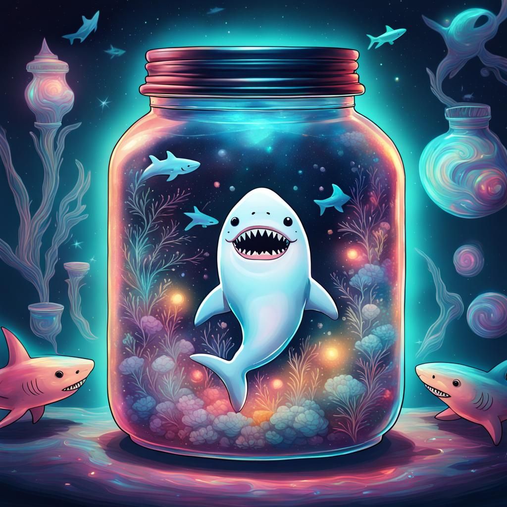 Shark Ghost in a Jar: Cosmic Holographic Illustration