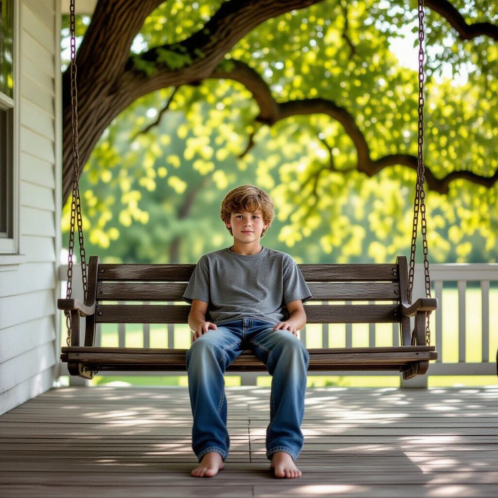 Boy on Porch Swing in Sunlight: Photorealistic Image