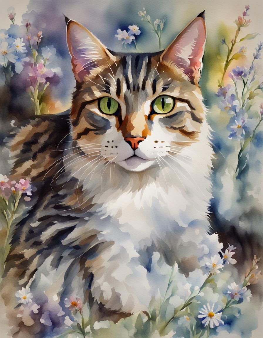 Dreamy Watercolor Portrait of a Tabby Cat