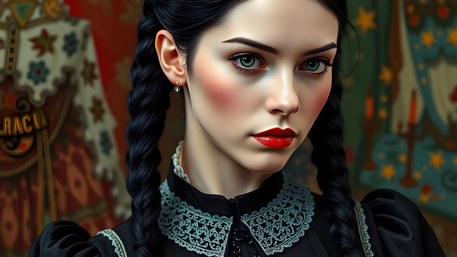 Gothic Wednesday Addams in Hyperrealistic Mid Shot