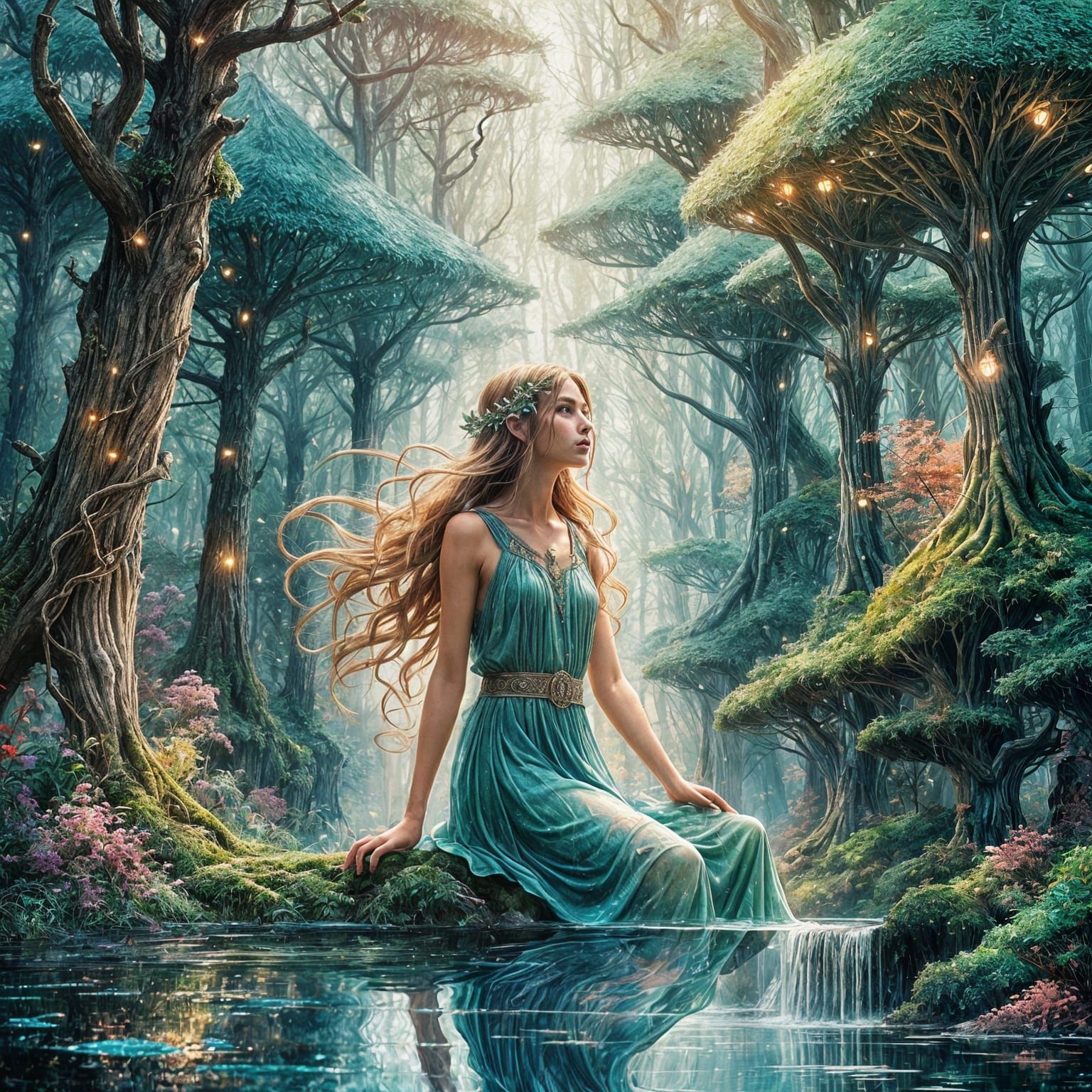 Elven Library in Art Nouveau Watercolor Style