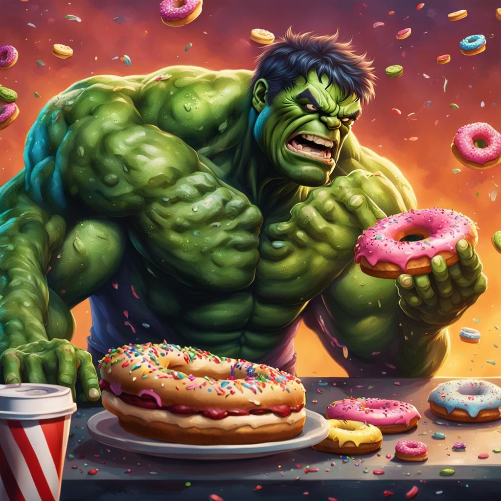 Hulk's Hyperrealistic Donut Break: A Splash Art Concept