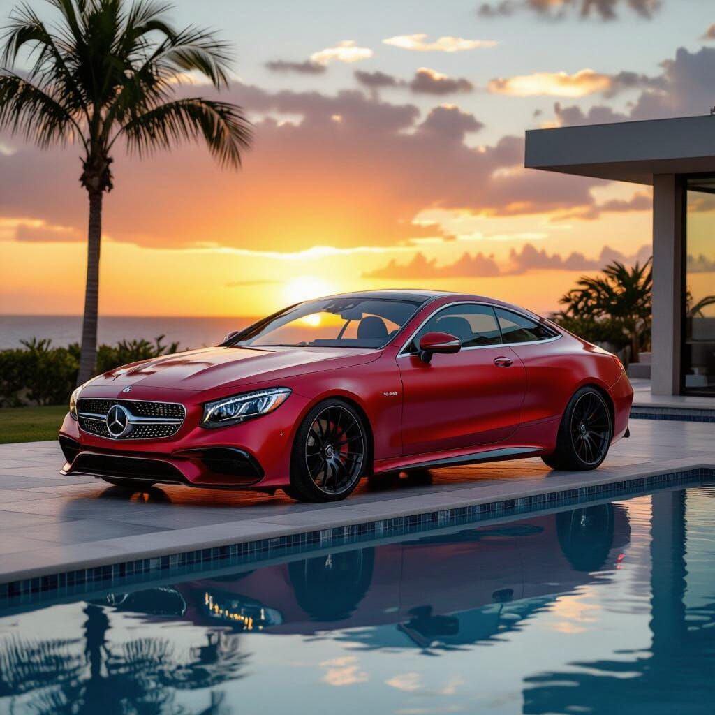 Red and Black Ombre Mercedes Coupe by Pool at Sunset