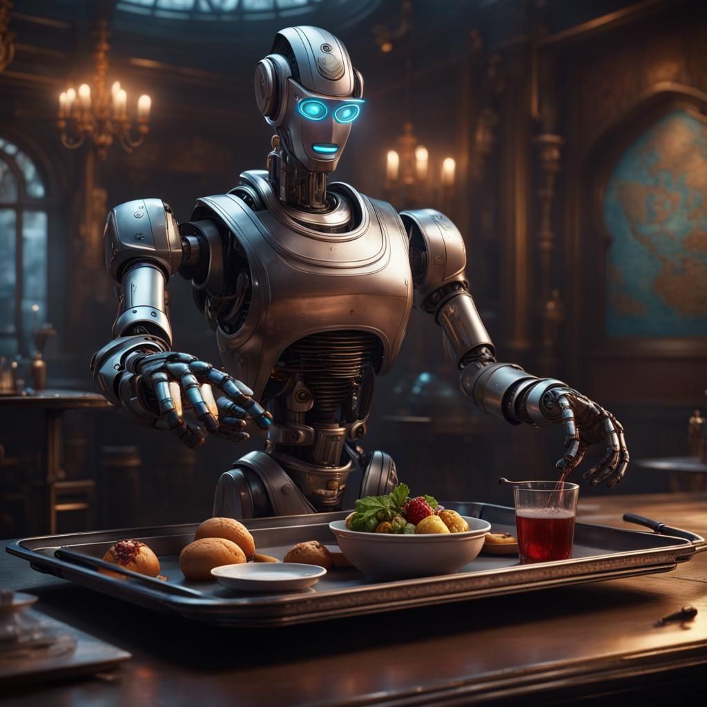 Robot Hand Waiter in Detailed Matte Painting