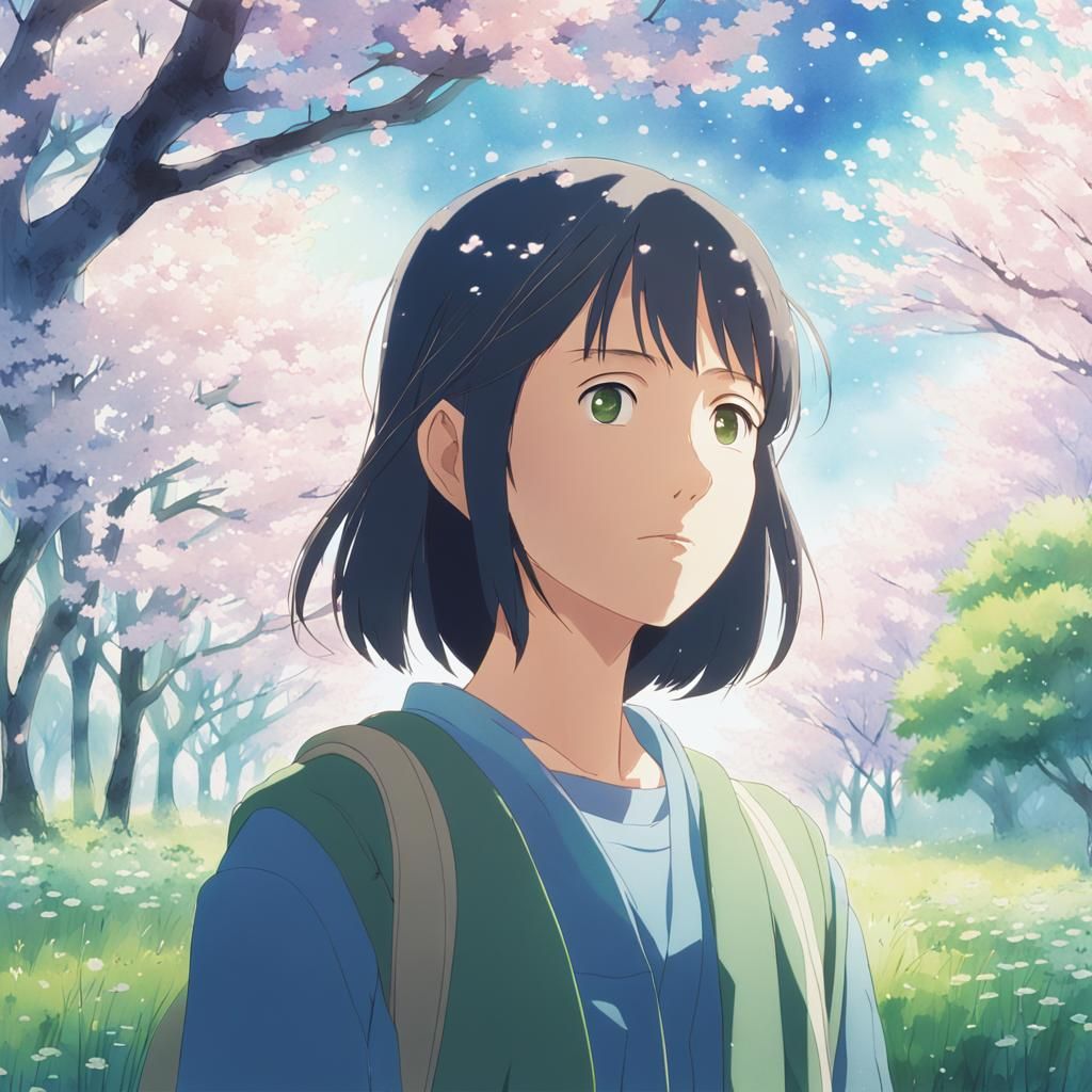 Anime Key Visual: Serene Woman in Watercolor Landscape