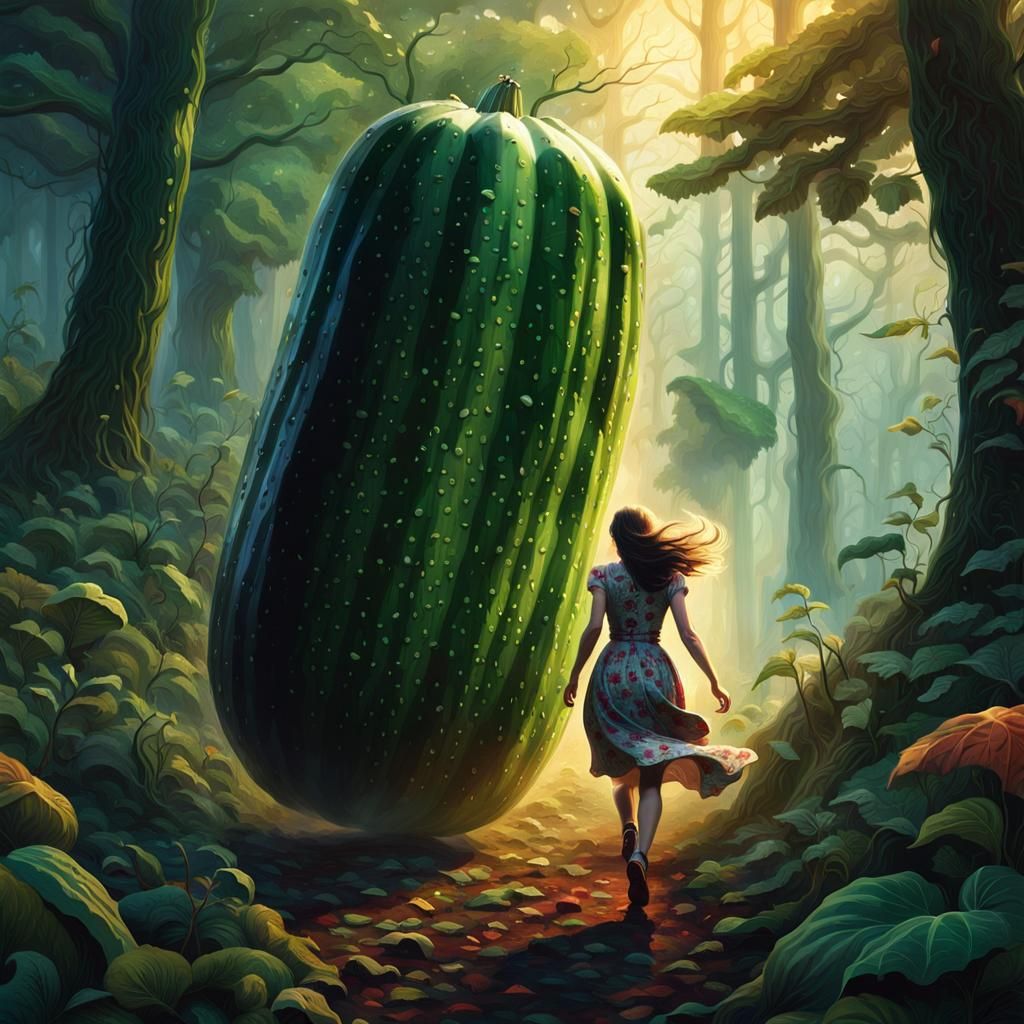 Woman Fleeing Giant Cucumber in Ominous Forest