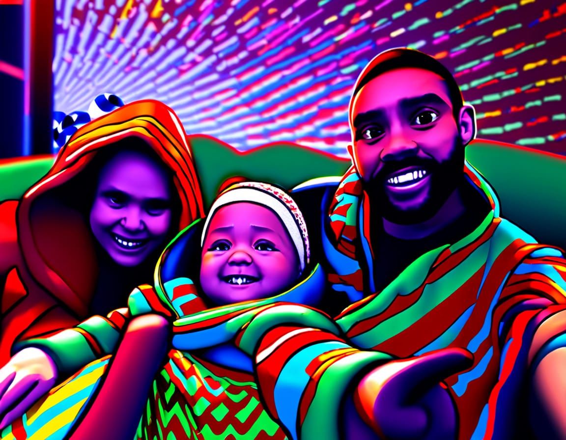 Whimsical Family Portrait in Vibrant Fantasy Setting