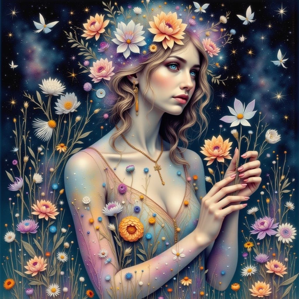 Ethereal Woman Tending Celestial Garden