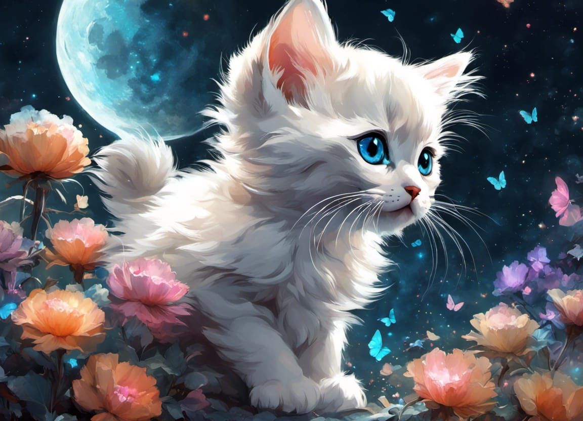 Celestial Kitten Among Bioluminescent Flowers