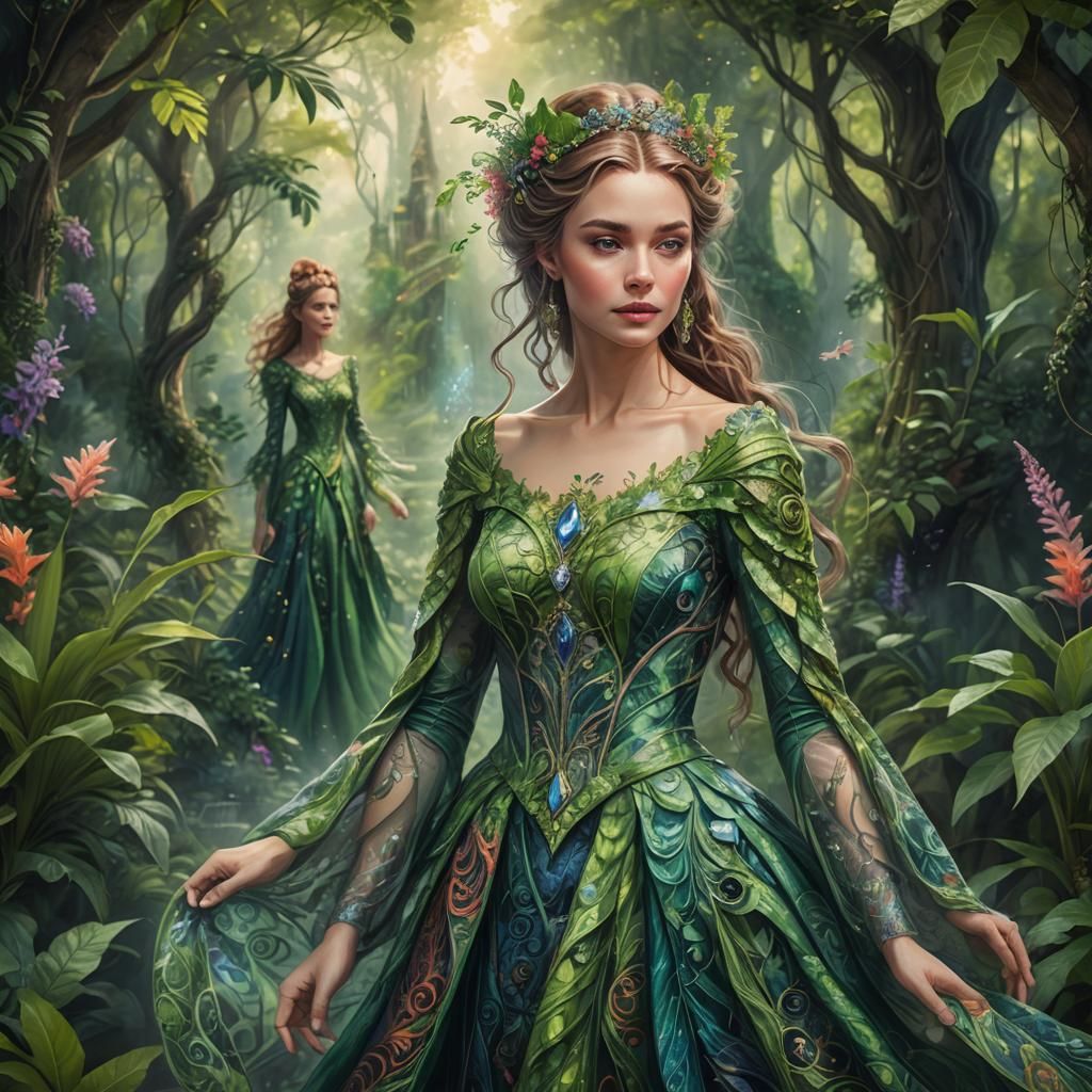Mystical Woman in Lush Realm: Fantastical Concept Art