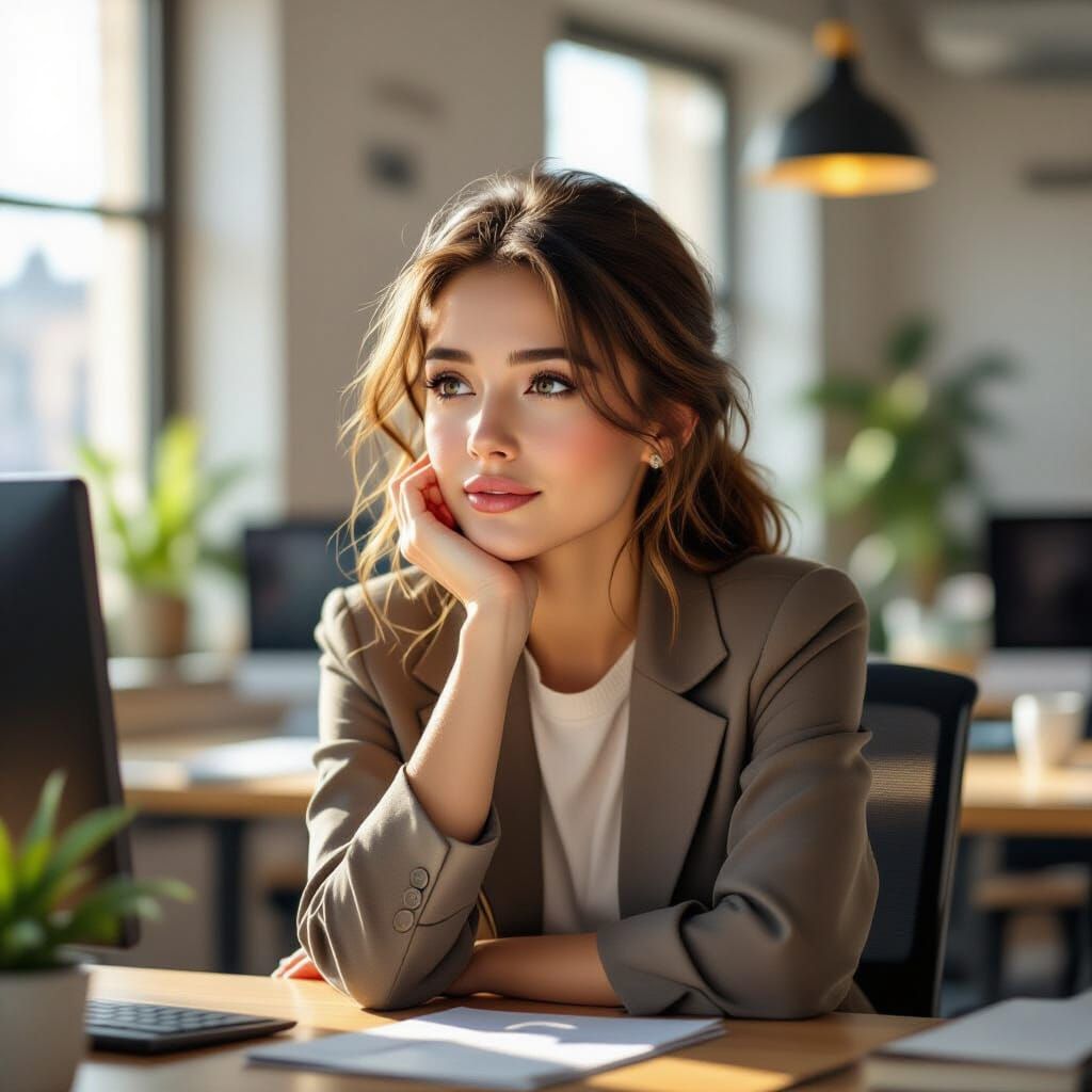 Shy Woman's Hopeful Gaze in Modern Office