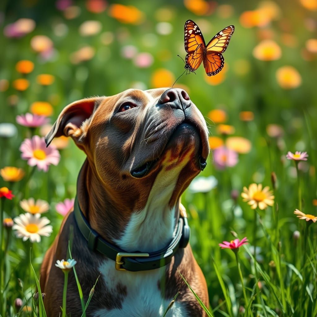 Beautiful pitbull and butterfly