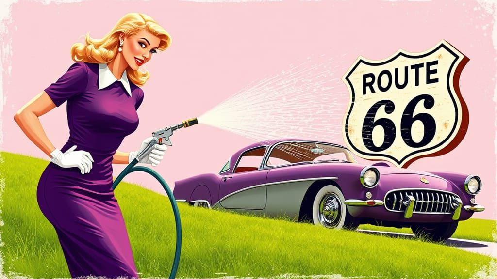 Confident Woman Washes Vintage Car on Lush Green Slope Along...