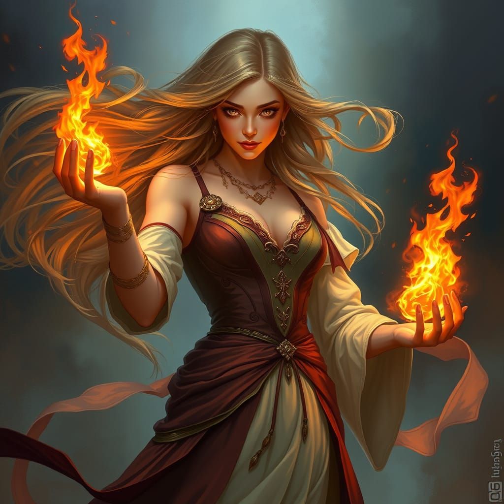 Elegant Woman Summons Flames: Mystical Realism