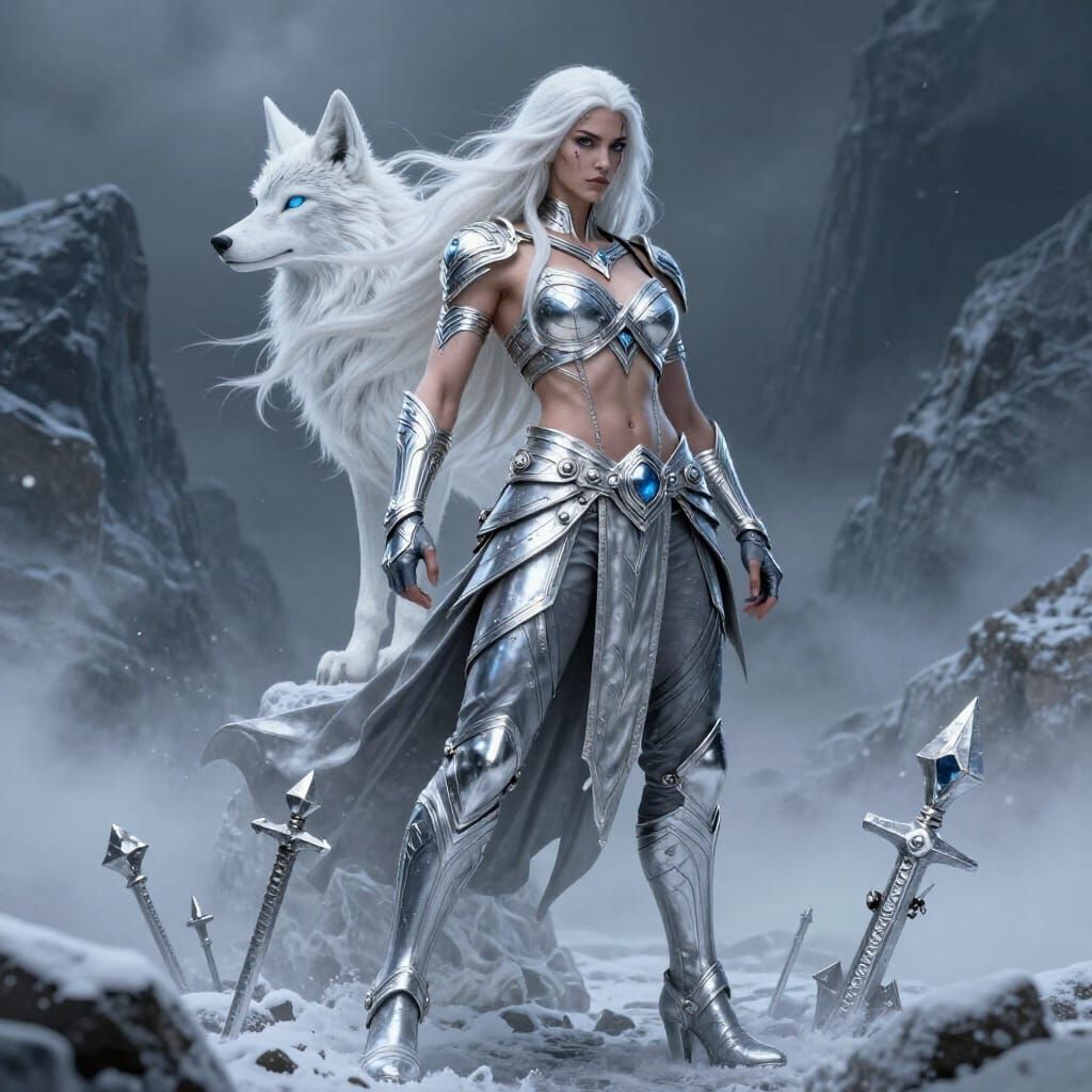 Powerful Amazon Warrior with Snow-White Hair