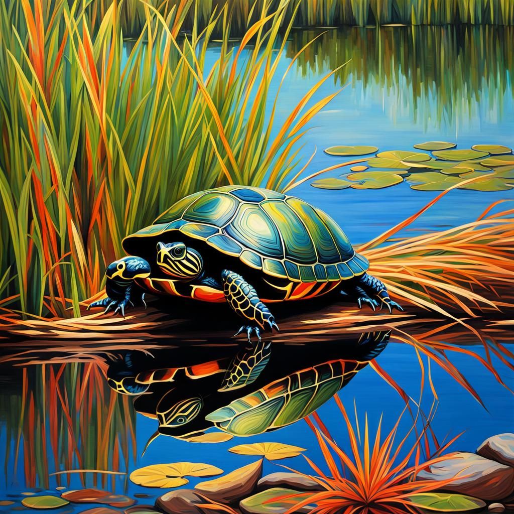 Painted Turtle on Streambank, Anime Style