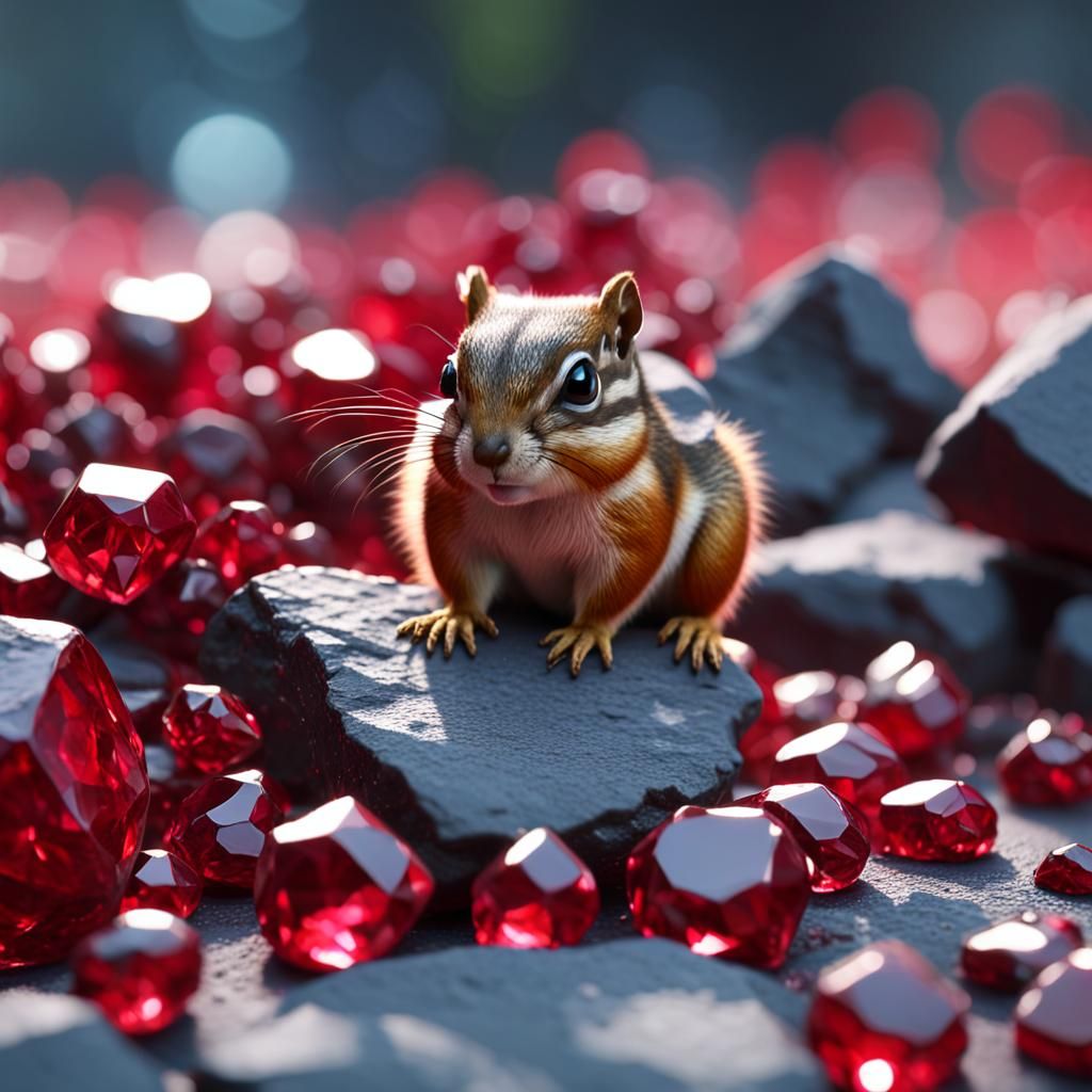 Chipmunk Inspects Ruby Gem, Hyper-Realistic Digital Art