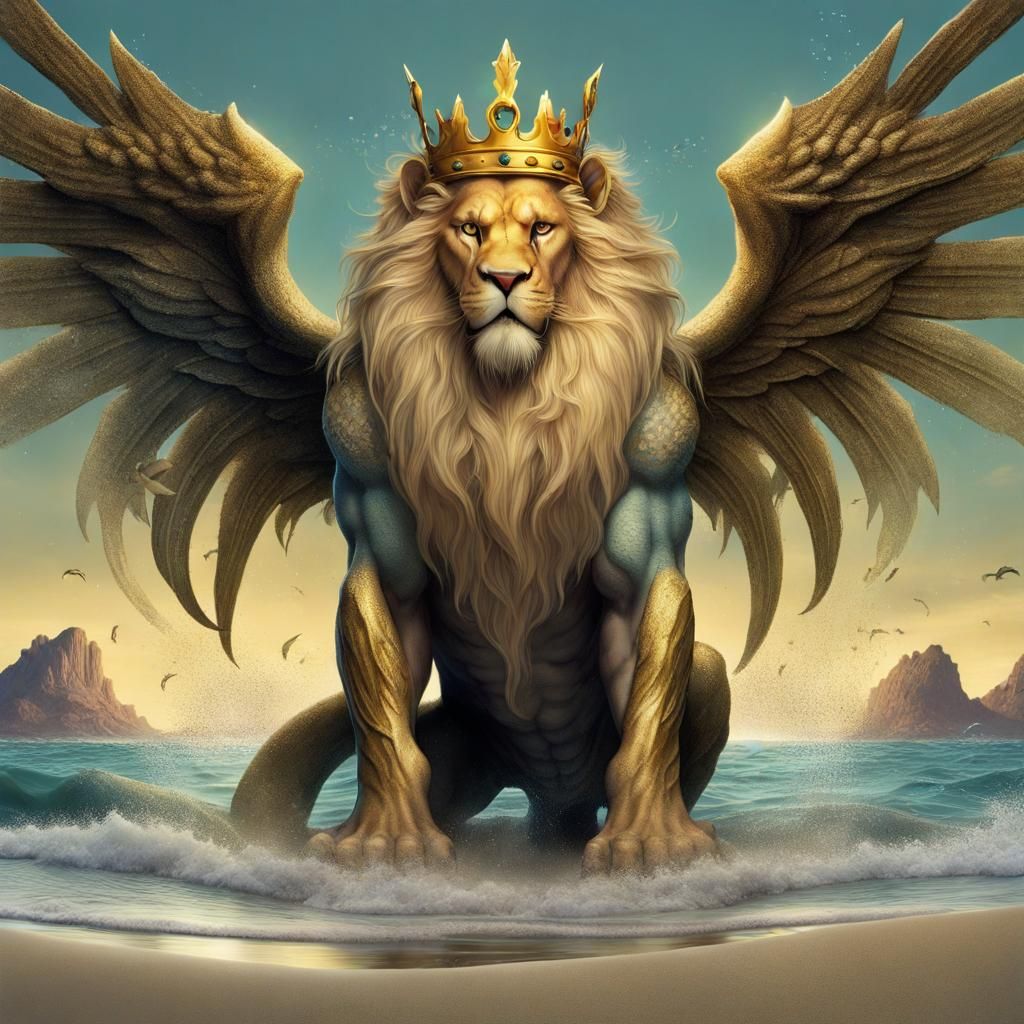 Winged Lion King and Merman on the Beach