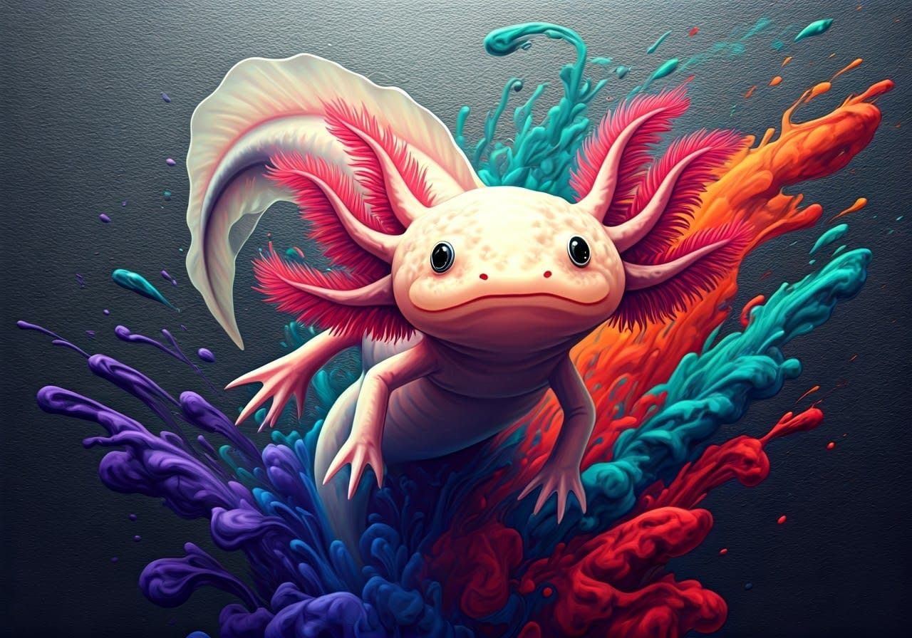 Axolotl in Whimsical Ink Clouds on Silver Background