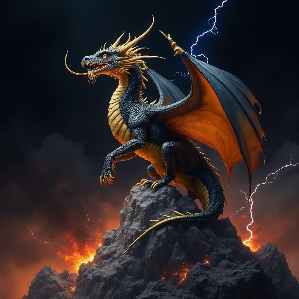 Majestic Black and Gold Dragon Amidst Lightning and Flames