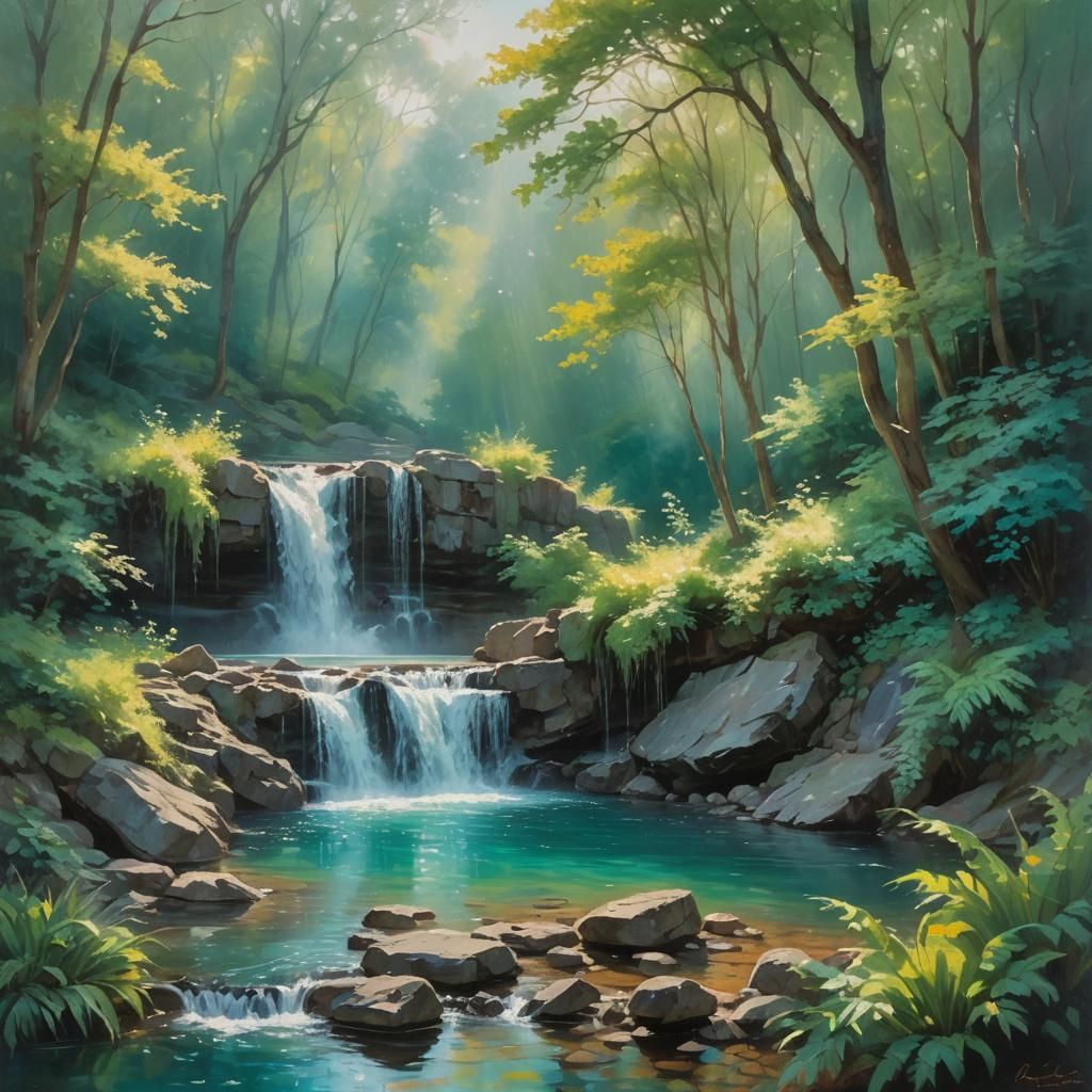 Impressionist Waterfall Landscape in Oil