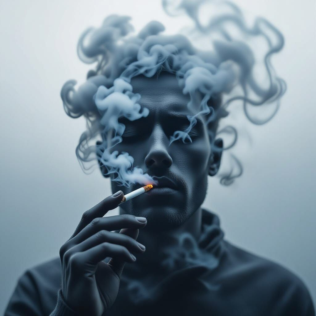 Hyperrealistic Smoke Figure Smoking Cigarette in Moody Light