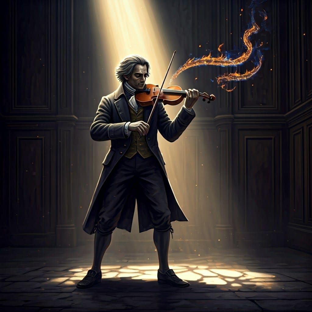 Distressed Violinist in Dimly Lit Room