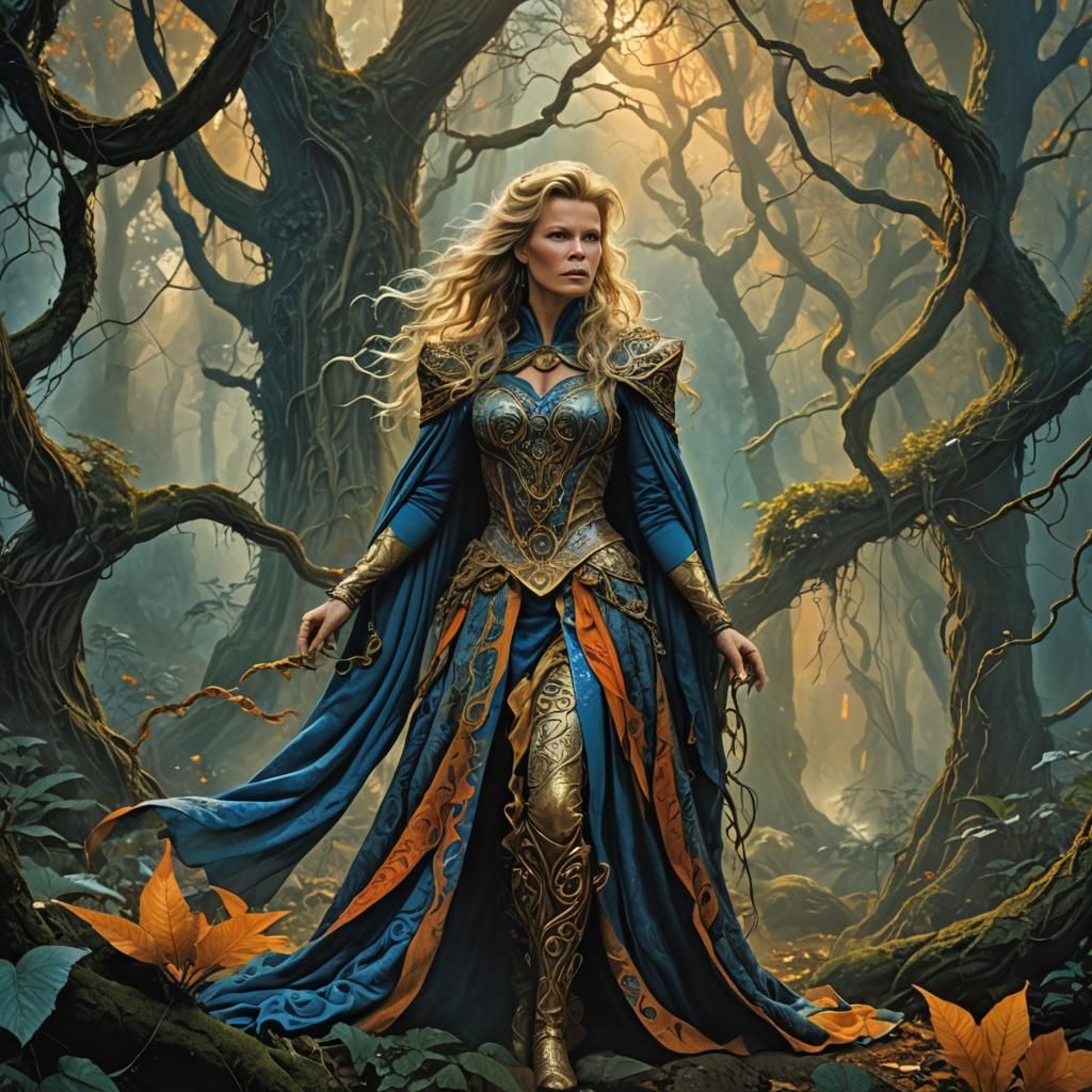 Mystical Forest Scene with Woman in Fantasy Attire