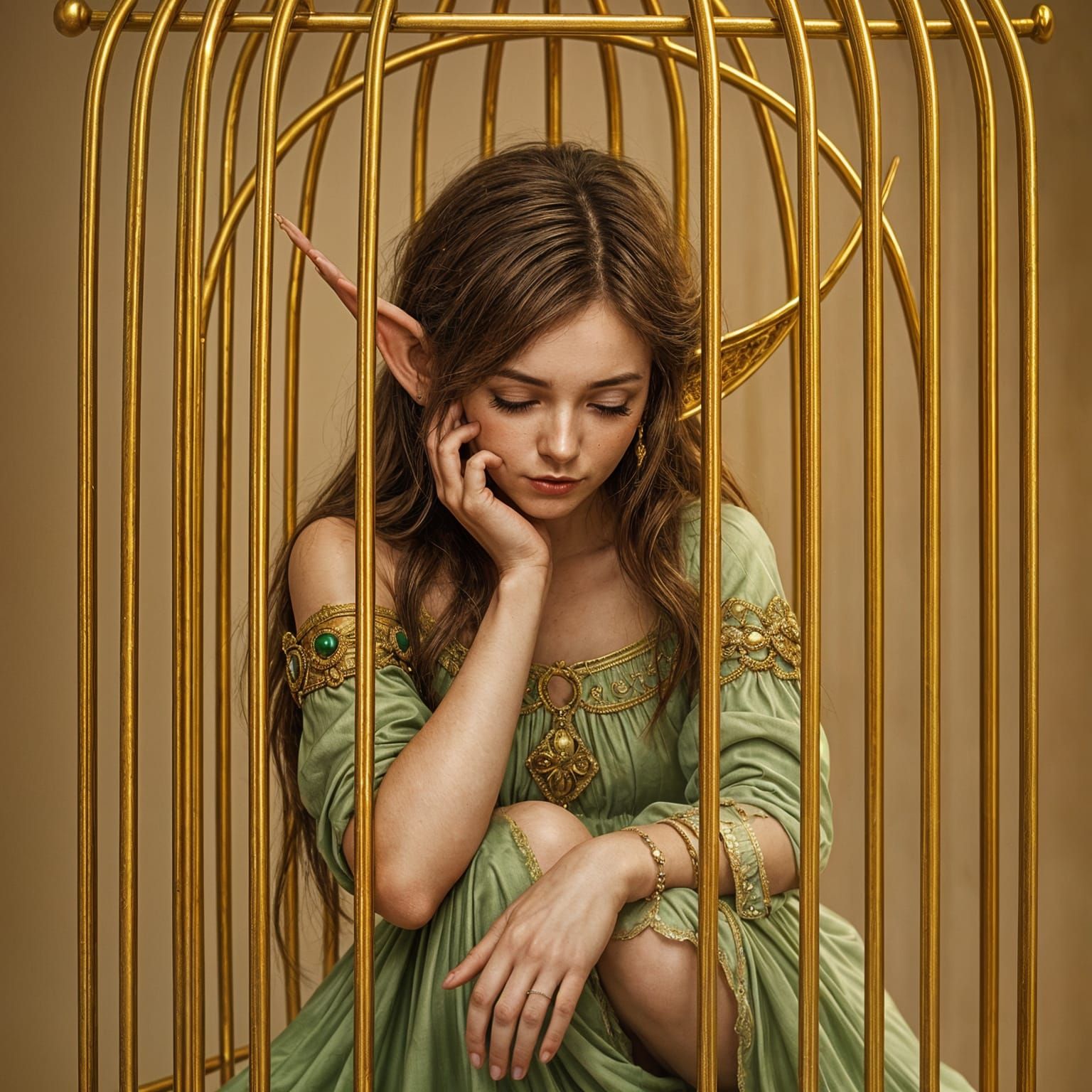 Sad Elf in Golden Cage Portrait