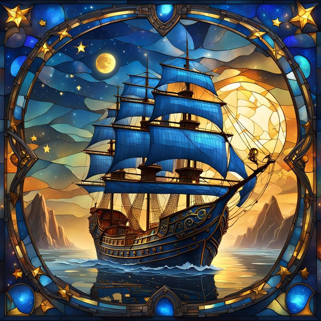 Two-Masted Ship in 3D Stained Glass Art