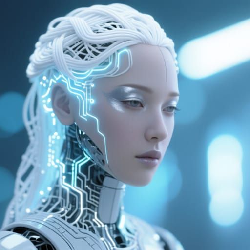 Ethereal Android Portrait with Glowing Circuit Hair